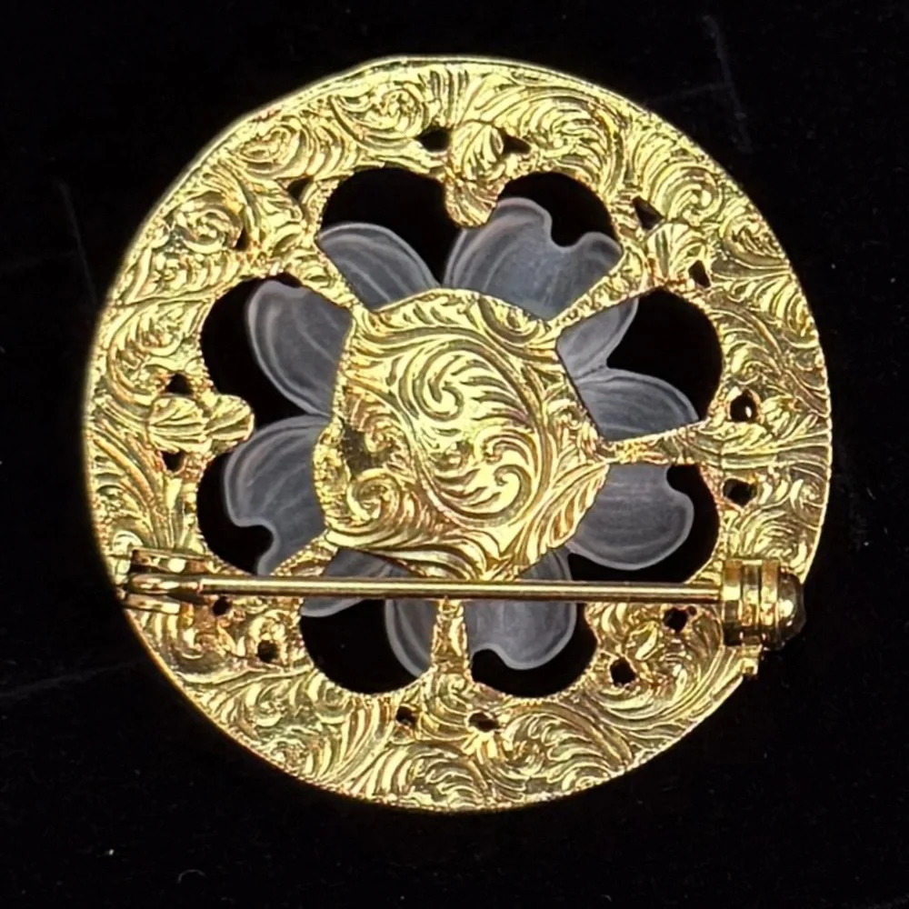 Vintage Floral Gold Tone Filigree Brooch Pink Rose Faux Pearls